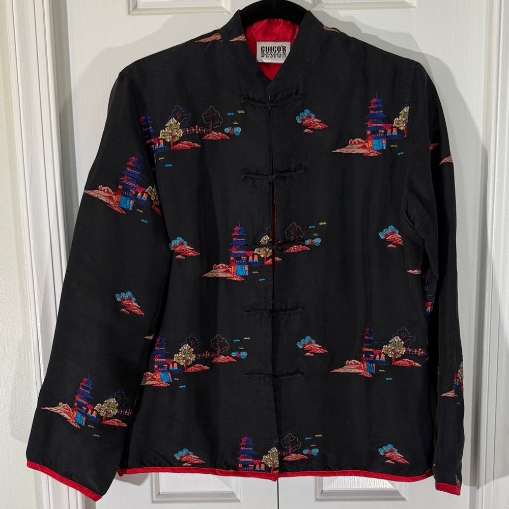 Chico's Vibrant Black Silk Jacket with multi color embroidery Chico’s size 0